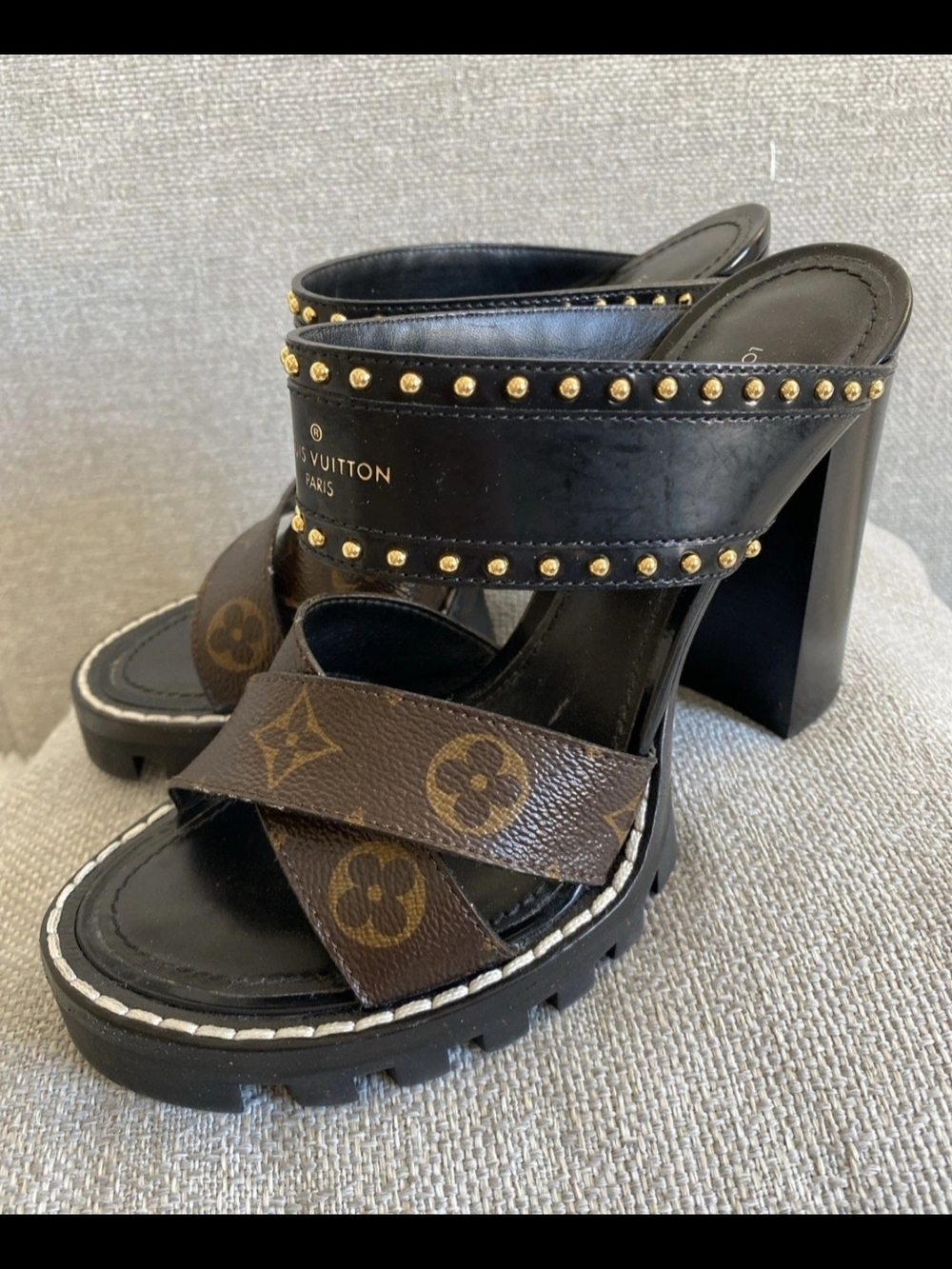 Louis Vuitton Black & Brown Monogram Studded Platform Sandals Eu 37.5 - Picture 1 of 13